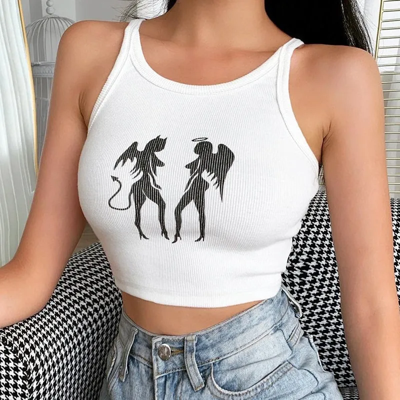 Angel & Devil Pattern Gothic Women Tank Top Casual Streetwear Outfits Sleeveless Slim Bralette Crop Top Summer White