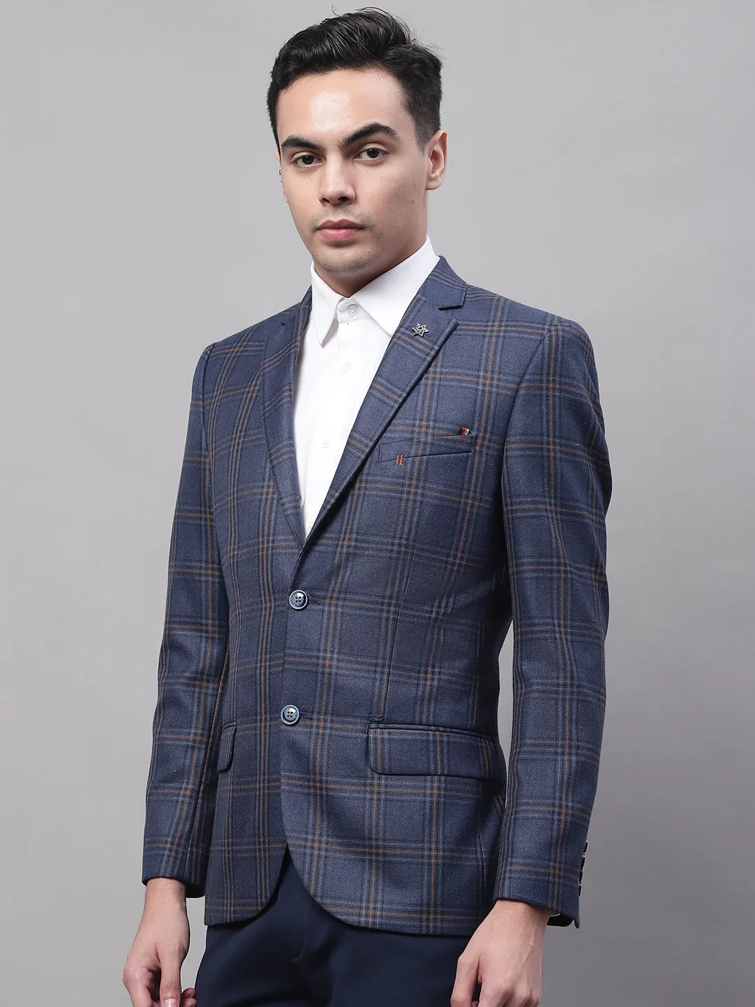 Cantabil Blue Checkered Full Sleeves Formal Blazer For Men