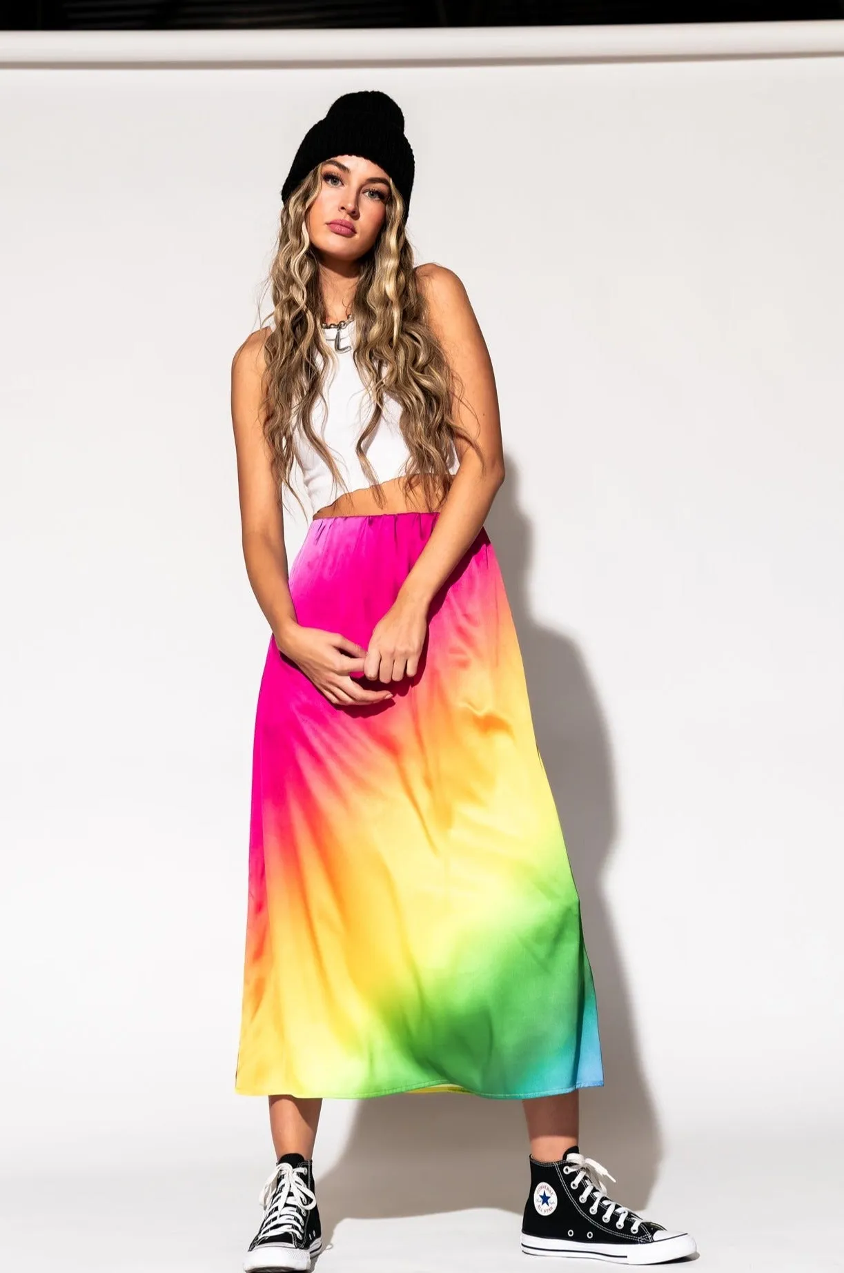 It Girl Midi Skirt in Prismatic Rainbow