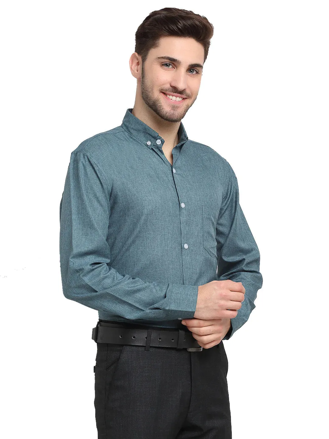 Men's Grey Melange Button Down Collar Cotton Formal Shirt - Taantav