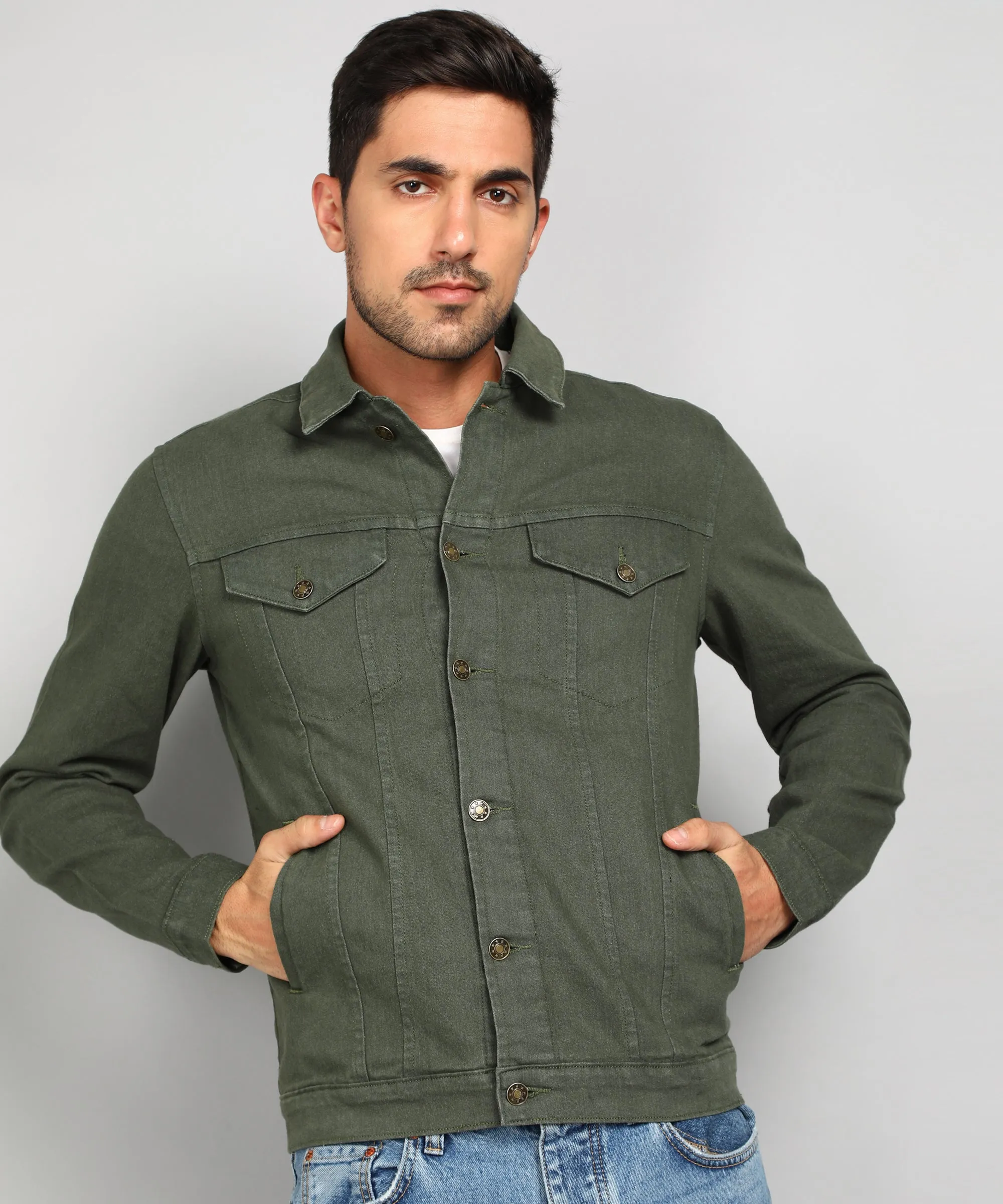 Men's Olive Green Regular Fit Washed Full Sleeve Denim Jacket