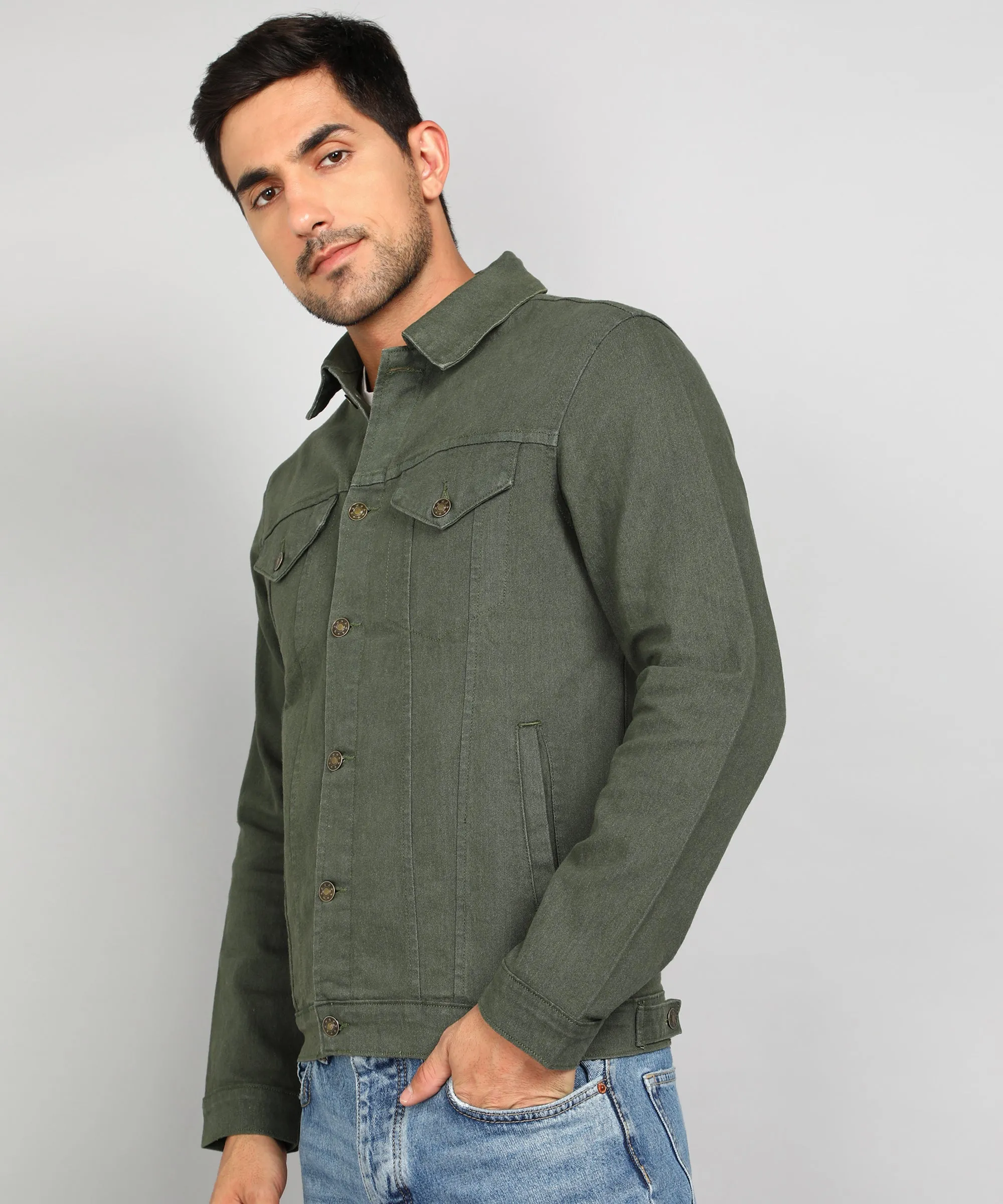 Men's Olive Green Regular Fit Washed Full Sleeve Denim Jacket