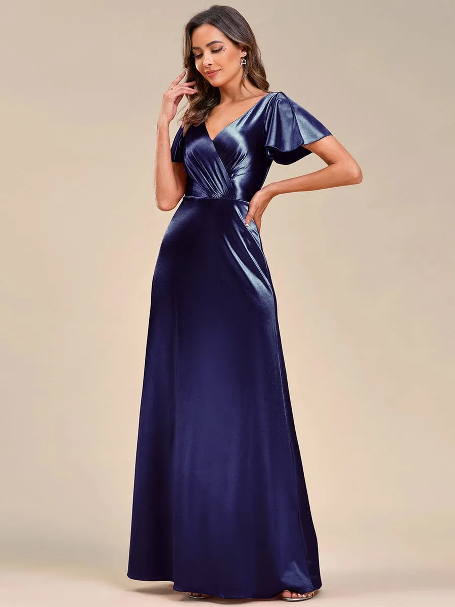 Ruffles Sleeve A-Line Pleated Satin Back V-Neck Evening Dress