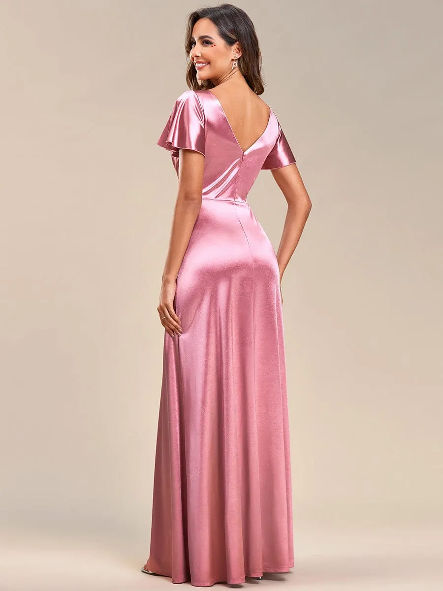 Ruffles Sleeve A-Line Pleated Satin Back V-Neck Evening Dress