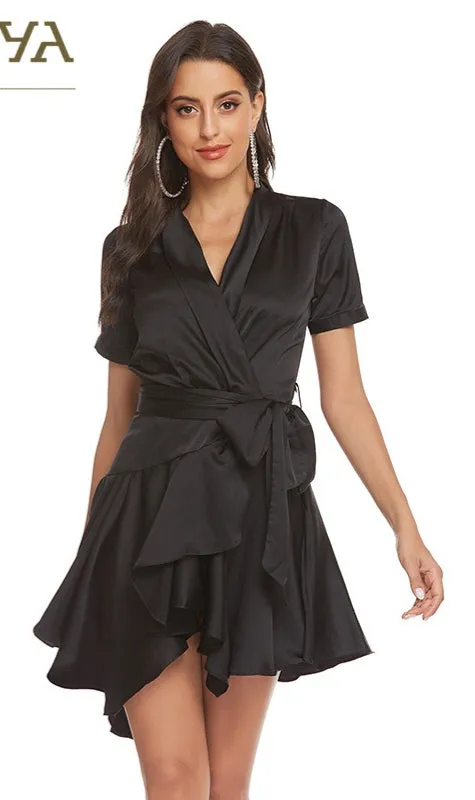 Satin Lapel Puff Sleeve Mini Dress