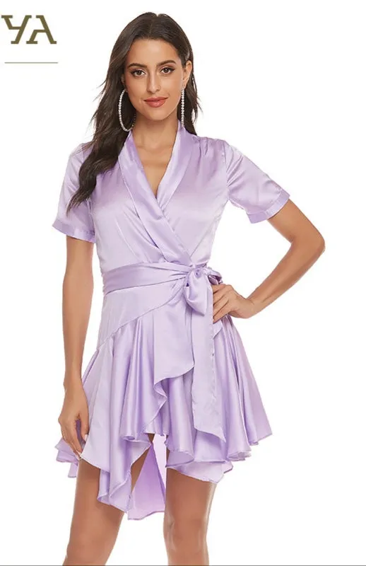 Satin Lapel Puff Sleeve Mini Dress