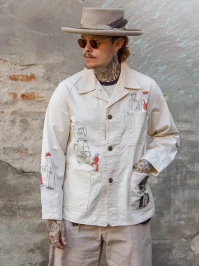 Sugar Cane, 1920's Cartoon Work Coat, White Sail Drill