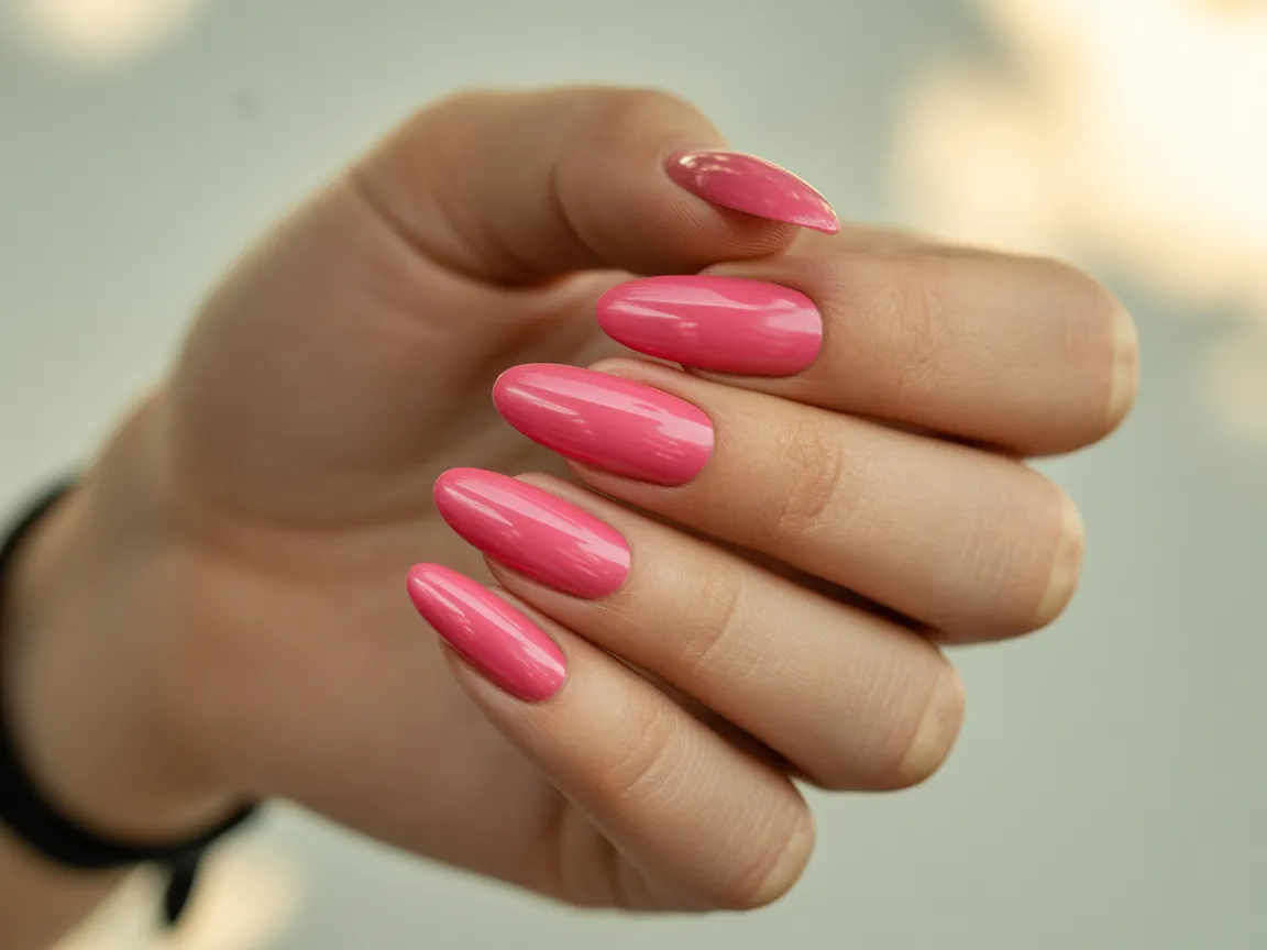 Hot Pink Glossy Almond Nails