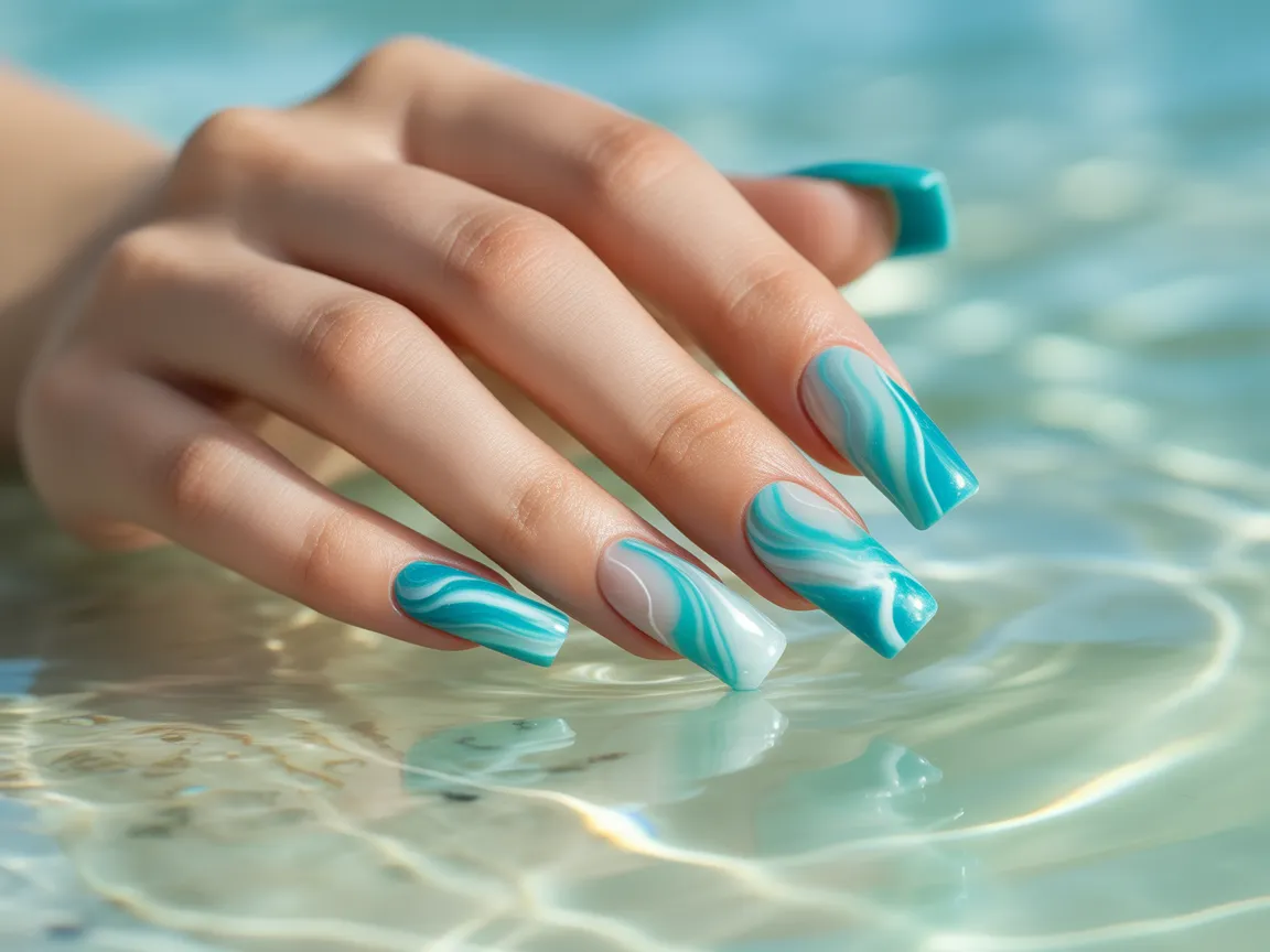 Turquoise Beach Marble Nails