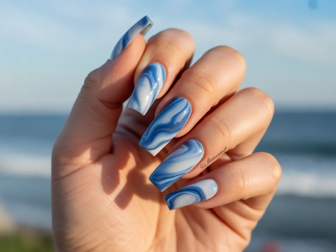 Blue & White Marble Nails