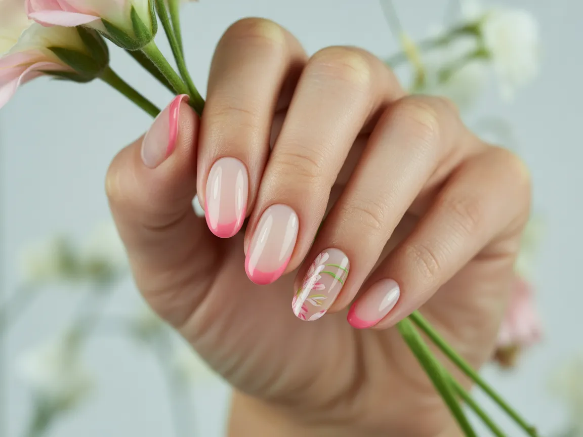 Pink Floral French Tip Nails