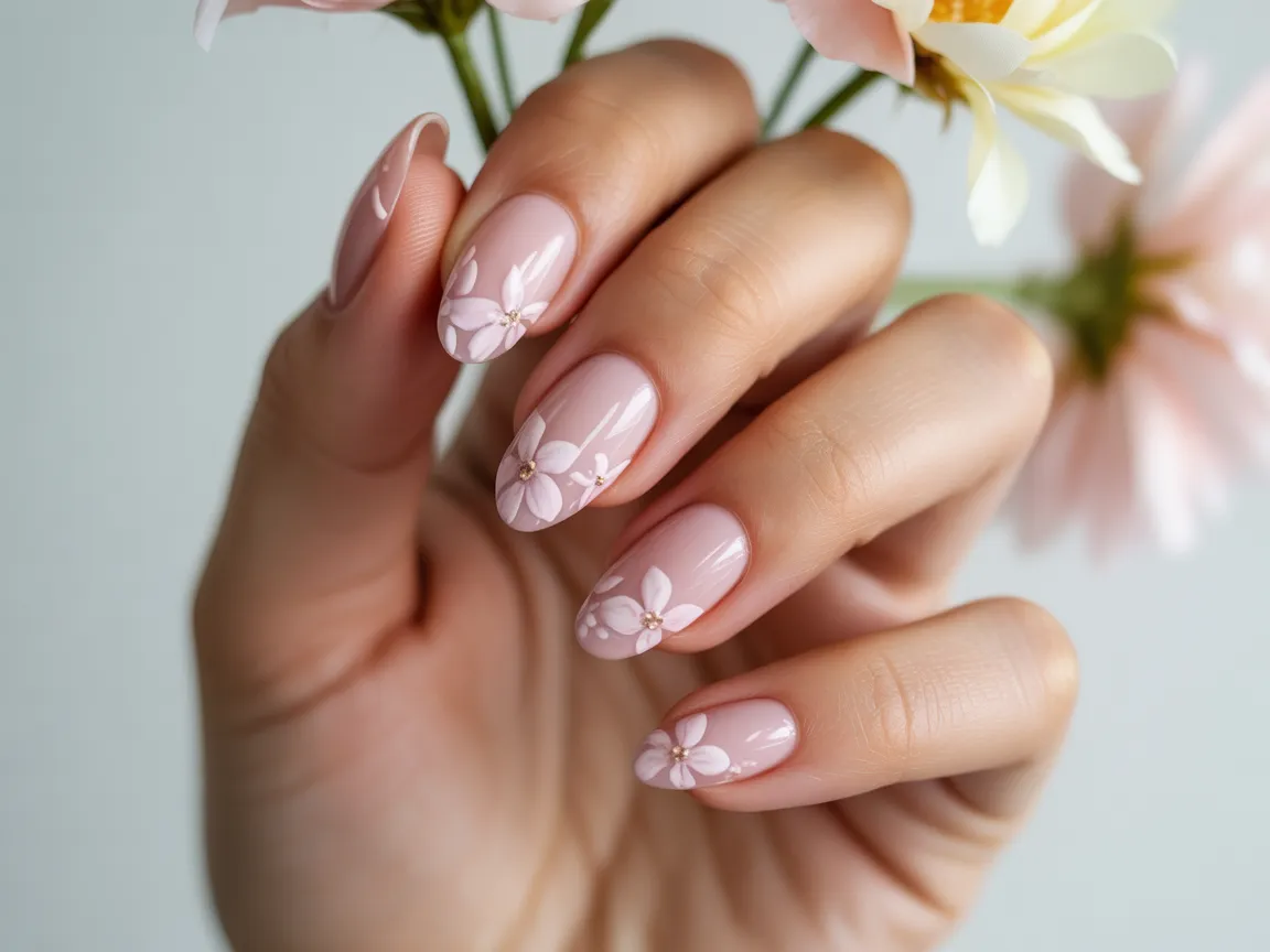 Floral Pink Almond Nails