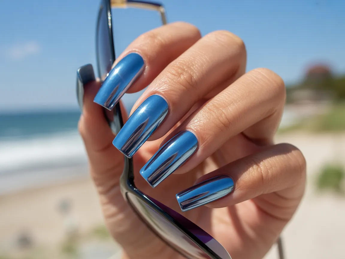 Ocean Blue Chrome Nails