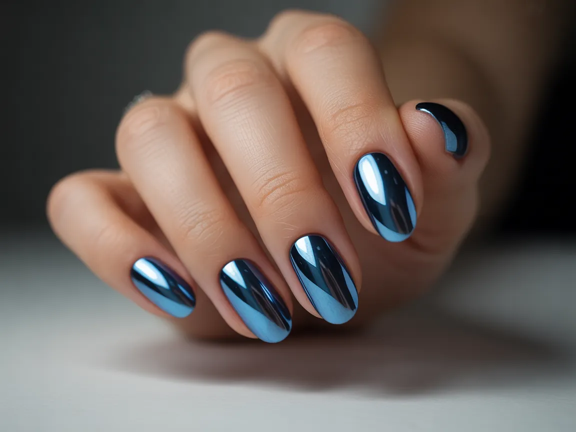 Blue Chrome Oval Nails