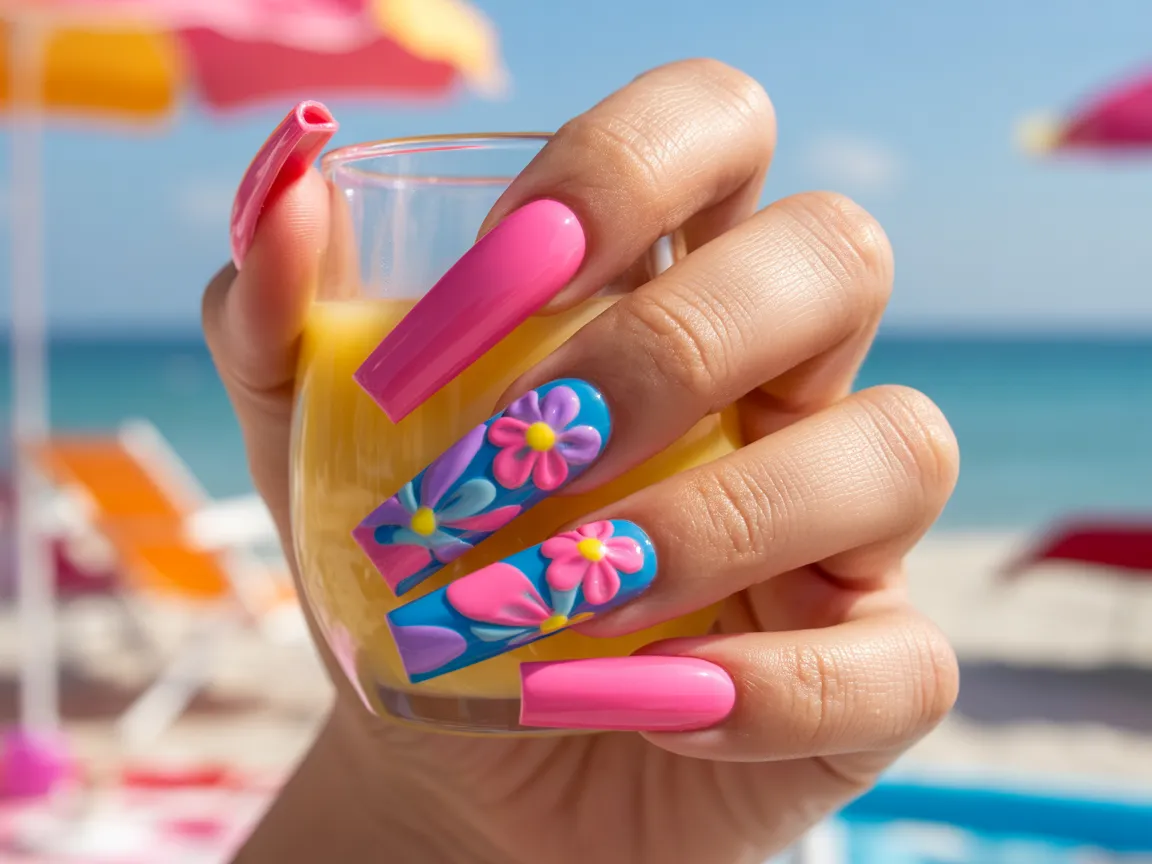 Bright Acrylic Floral Nails