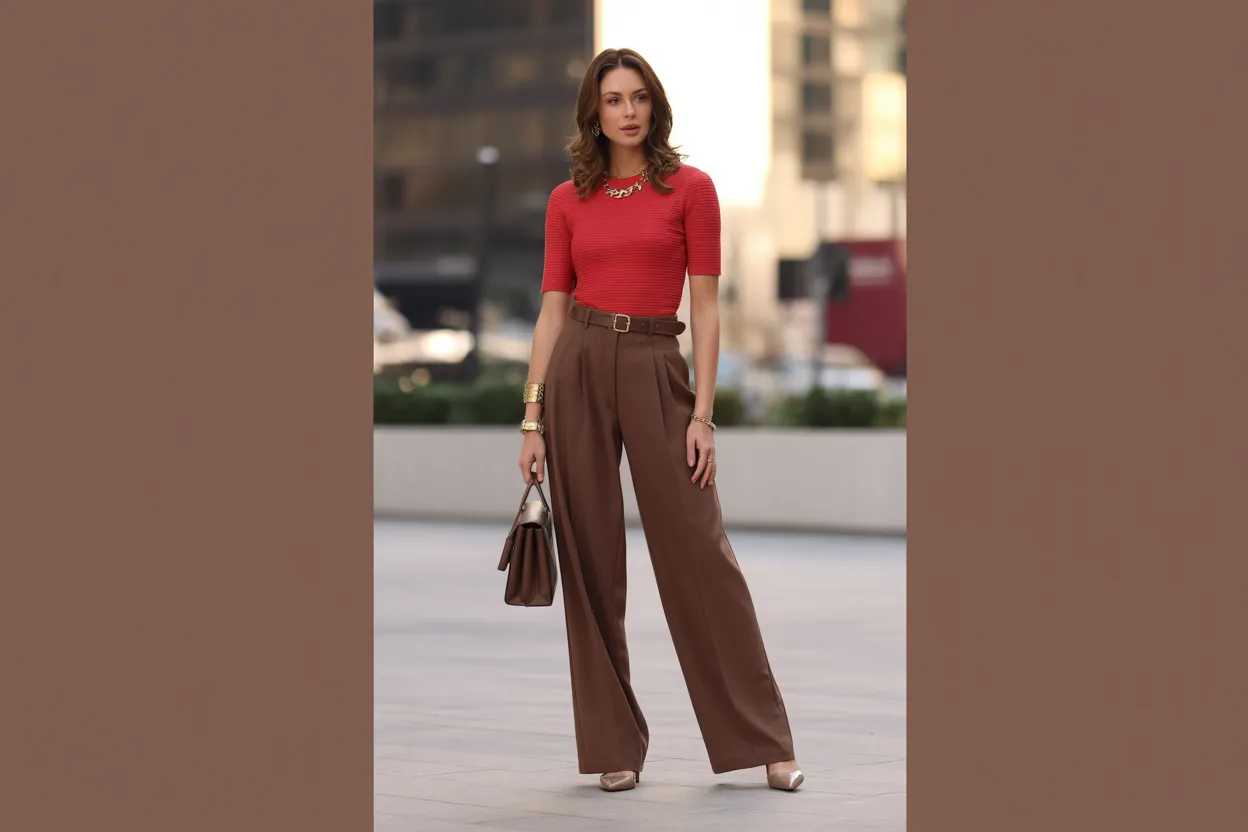 Red Top With Brown Pants